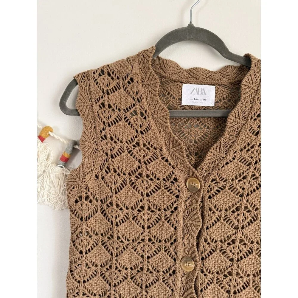 Zara Kids Crochet Open Knit Button Down Sleeveless Cardigan Brown Cottage 9/10 - Picture 3 of 7